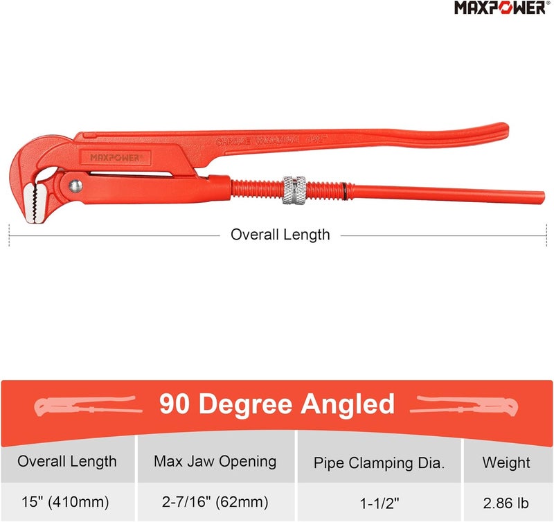 Max Power 15 inch Swedish Pipe Wrench, 90 Degree Angled - Image 3